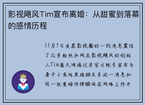 影视飓风Tim宣布离婚：从甜蜜到落幕的感情历程